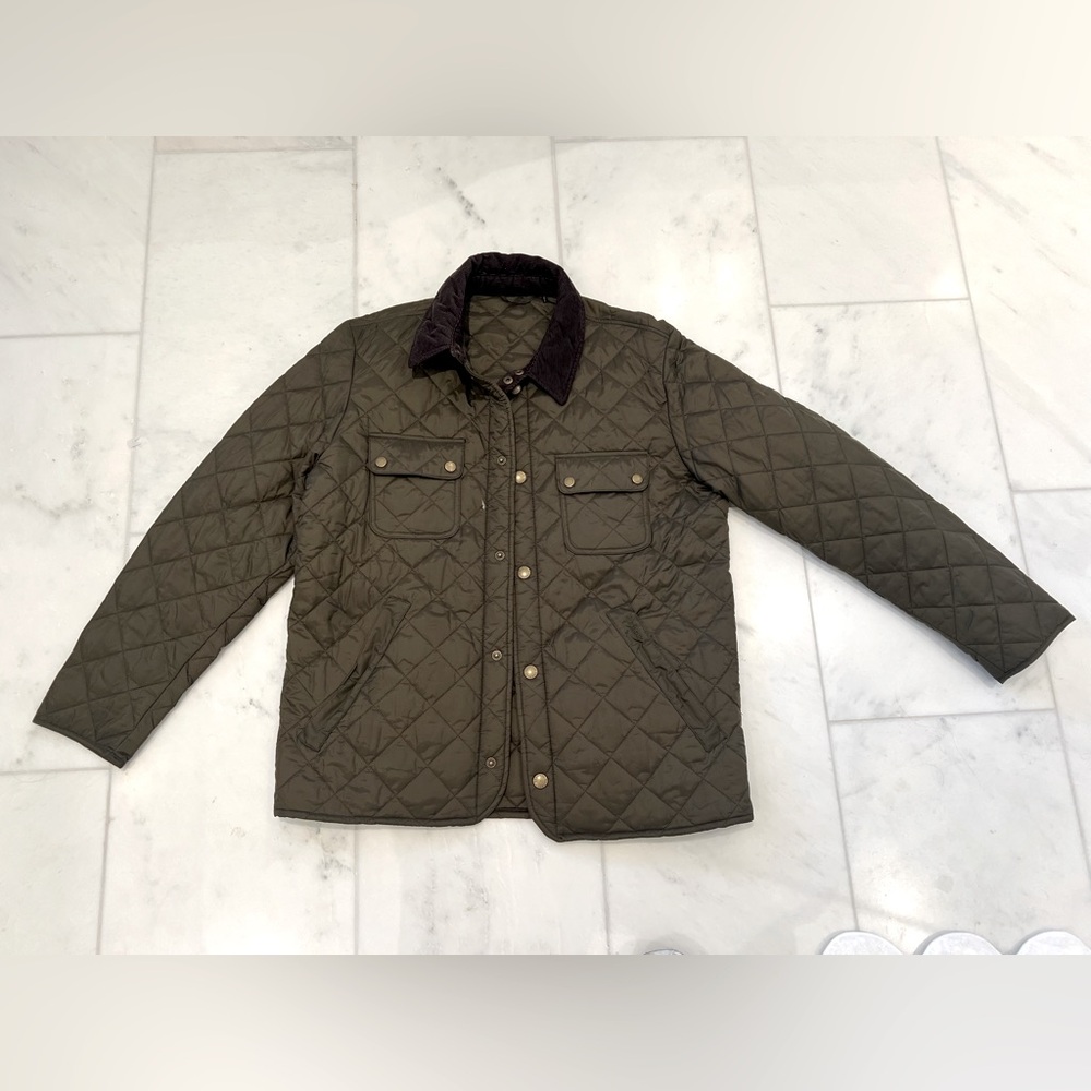 Barbour Quilted Jacket - Olive - Size Large. Slight tear on right chest. <3/4”.
